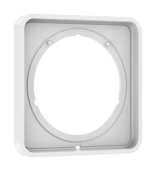 Weißer Wandrahmen mit kreisförmiger Aussparung in der Mitte. Geeignet für die Verwendung mit Produkten von Hansgrohe.
